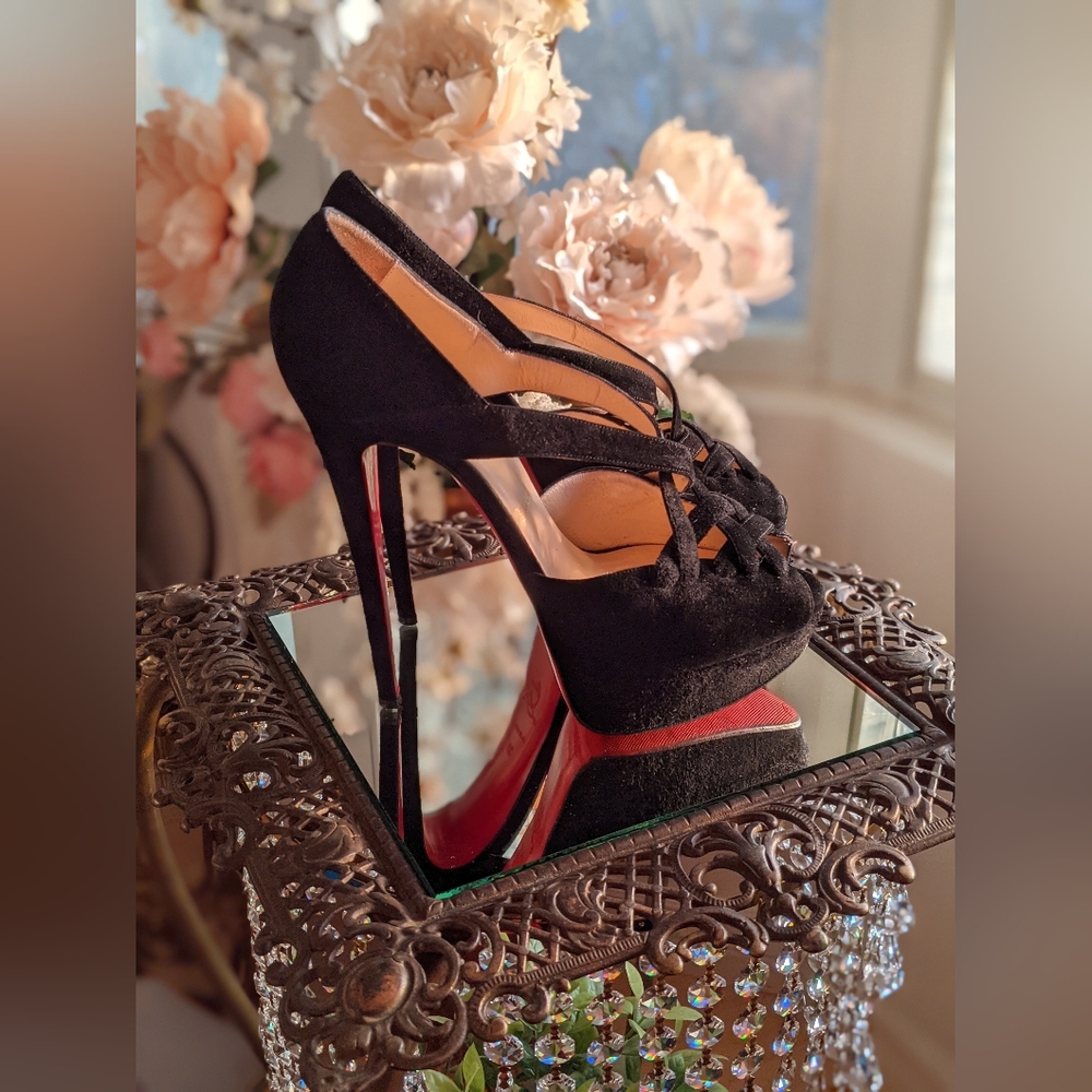 Black suede louboutin 38 sandals peep toe corset 150mm